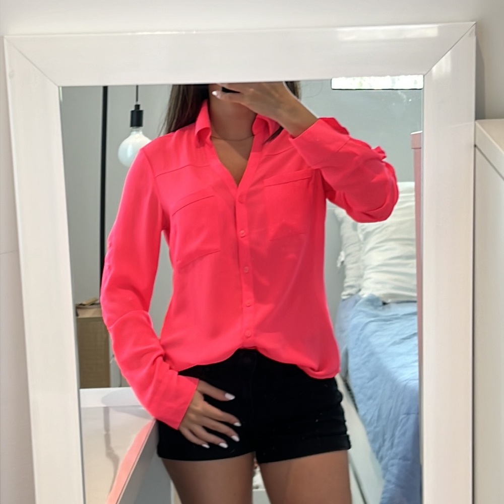 EXPRESS Women size XS Portofino button down blouse neon pink salmon loose fit